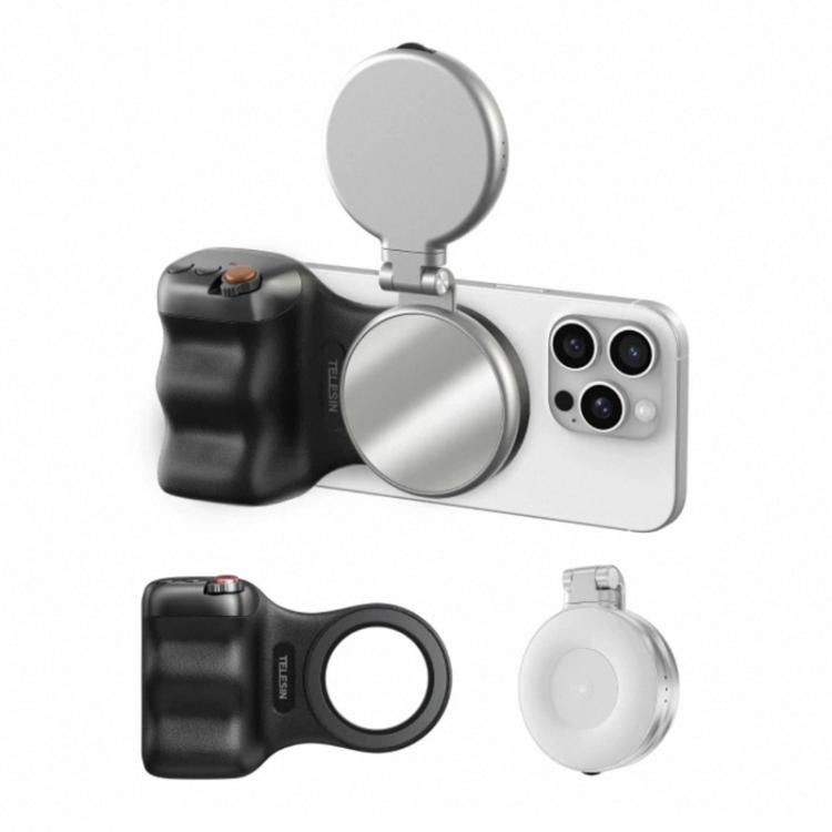 TELESIN Magnetic Phone Mounting Aid Photography Handle Remote Control Assistant, Spec: Black Camera Grip+Silver Fill Light