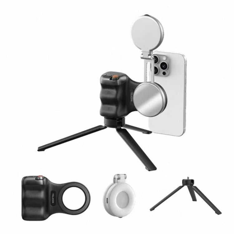 TELESIN Magnetic Phone Mounting Aid Photography Handle Remote Control Assistant, Spec: Black Camera Grip+Tripod+Silver Fill Light