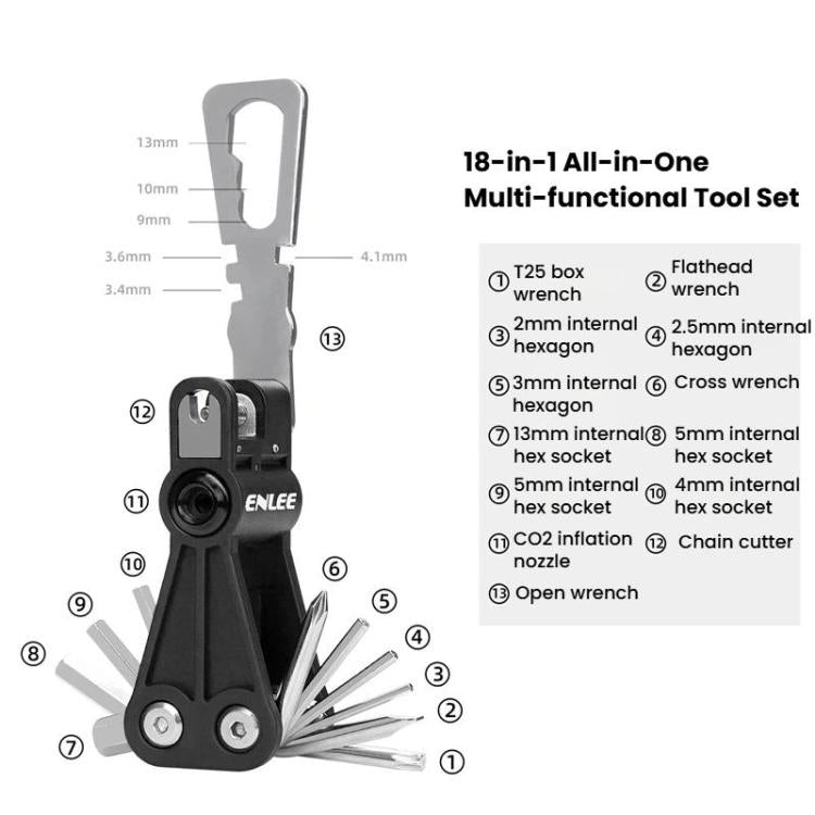 ENLEE EN93 18 In 1 Bike Multifunctional CO2 Inflator Head Hexagonal Repair Tool - Black
