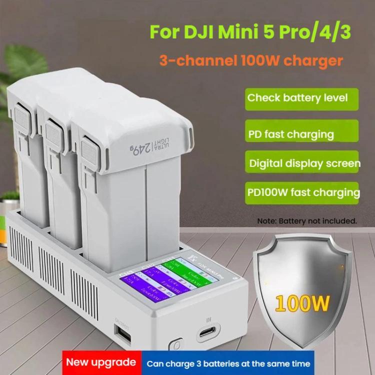 YX 100W 3-Bay LCD Charging Hub for DJI Mini 5 Pro/4/3 With Color Screen Fast Charger Station - Gray