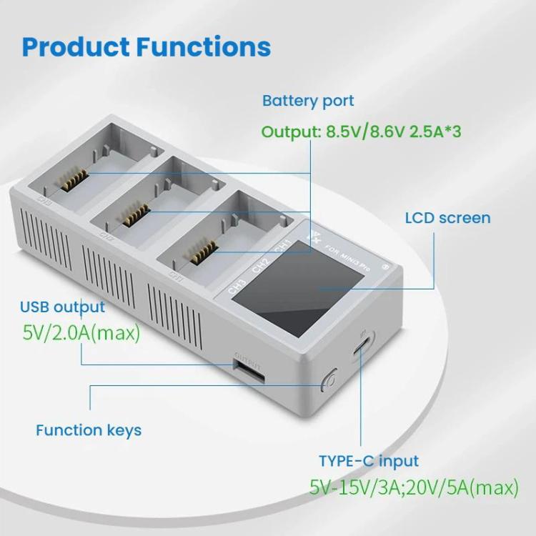 YX 100W 3-Bay LCD Charging Hub for DJI Mini 5 Pro/4/3 With Color Screen Fast Charger Station - Gray