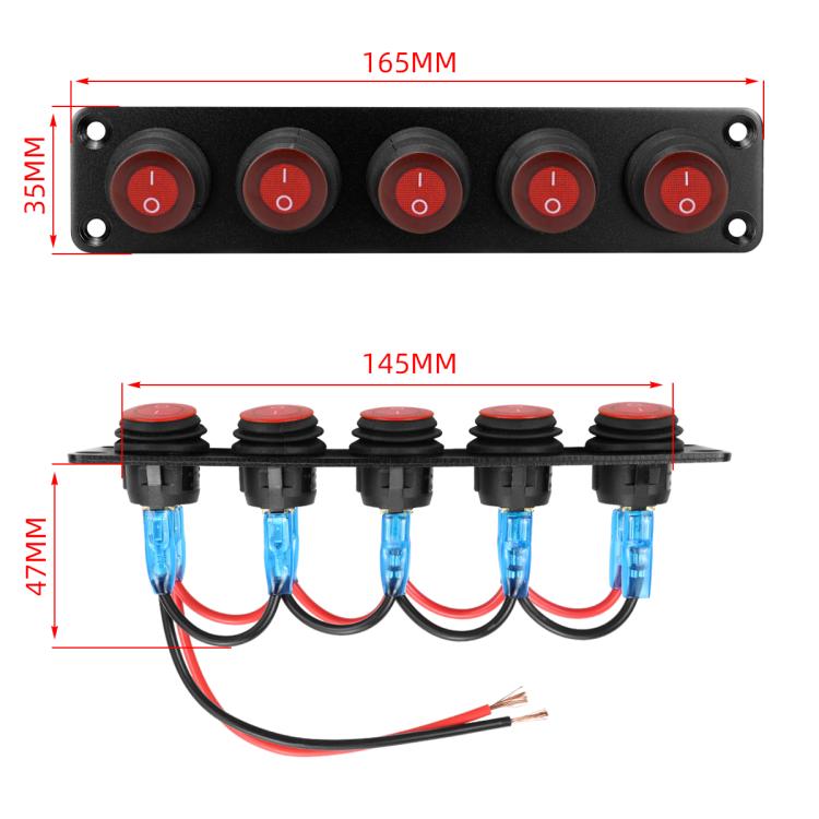 Round Waterproof Marine Panel Switch With LED Light, Specification: 5 Button Red