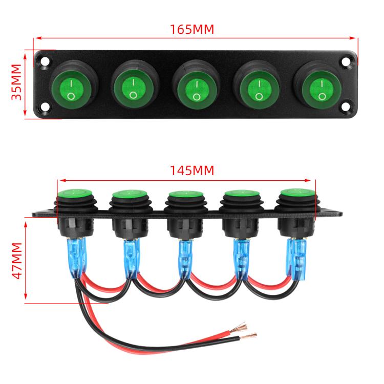 Round Waterproof Marine Panel Switch With LED Light, Specification: 5 Button Green