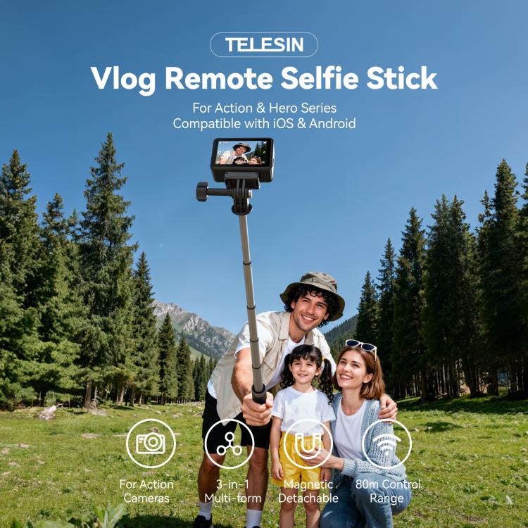 TELESIN Bluetooth Remote Control Selfie Stick Tripod For Action Cameras And Smartphones - Black