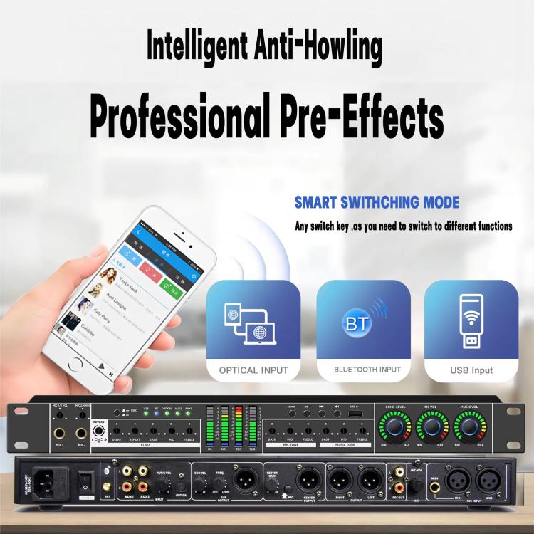 FX12L Preamp Effects Processor Bluetooth USB Home Stage Feedback Suppression Anti-Howling Processor UK Plug
