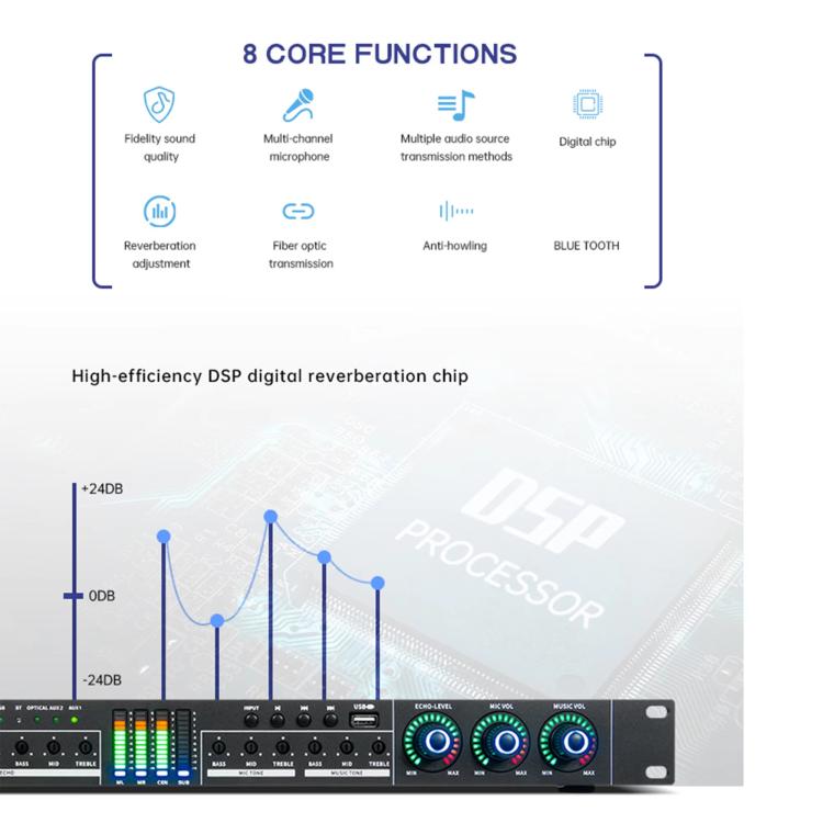 FX12L Preamp Effects Processor Bluetooth USB Home Stage Feedback Suppression Anti-Howling Processor US Plug