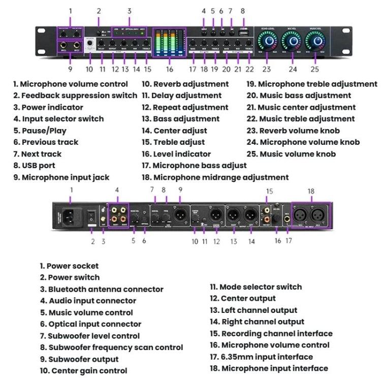 FX12L Preamp Effects Processor Bluetooth USB Home Stage Feedback Suppression Anti-Howling Processor US Plug