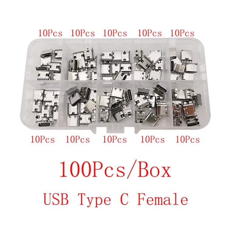 100pcs /Box  Assorted USB Type C Female Connectors, 10 Variations 6P/16P SMT & Through-Hole Sockets, USB 3.1 Fast Charge