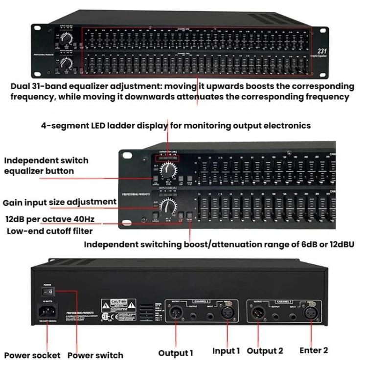 231 Stage Performance Home Audio Equalizer Bar KTV High-Mid-Low EQ Tuner EU Plug