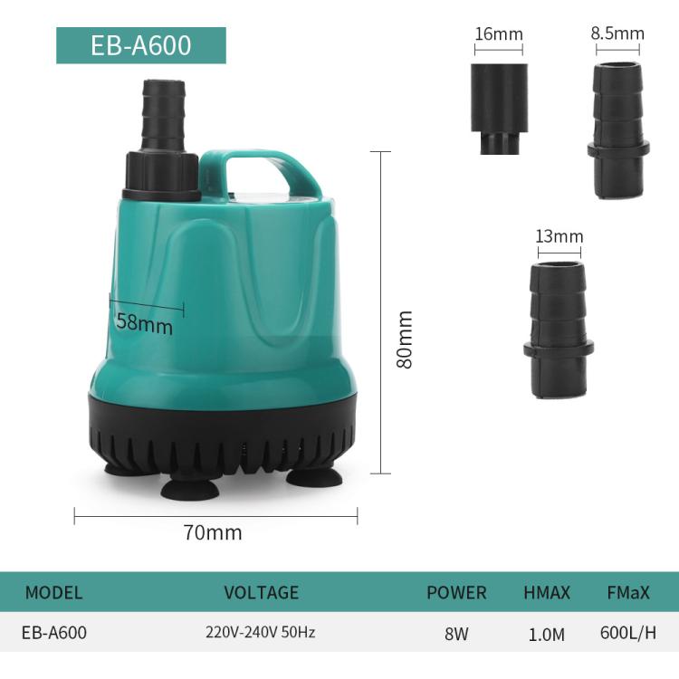 EB-A600 8w Submersible Aquarium Pump with Bottom Suction for Waste Removal, Water Change and Bottom Filtration - EU Plug
