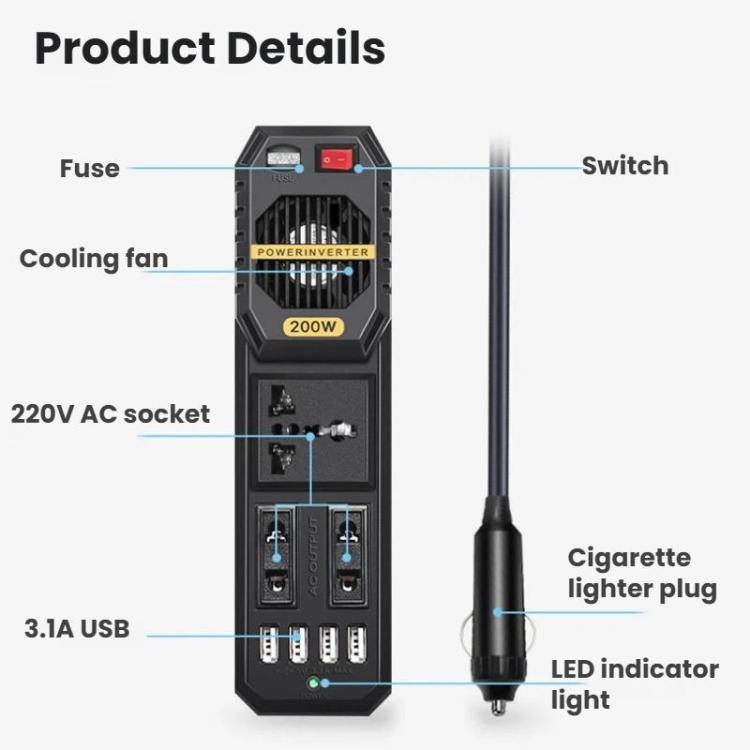 BYGD 200W 12V To 220V Mini Car Power Inverter - E8981
