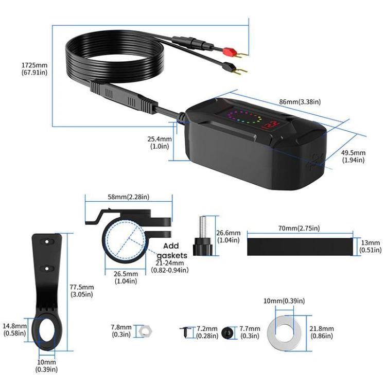CS-2035A1 IP65 Waterproof Dustproof Motorcycle Phone Charger Retractable USB Charging Cable - Black
