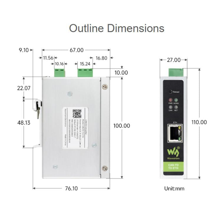 WAVESHARE CAN FD / ETH Bidirectional Protocol Converter Compatible With CAN 2.0A/2.0B - 32598
