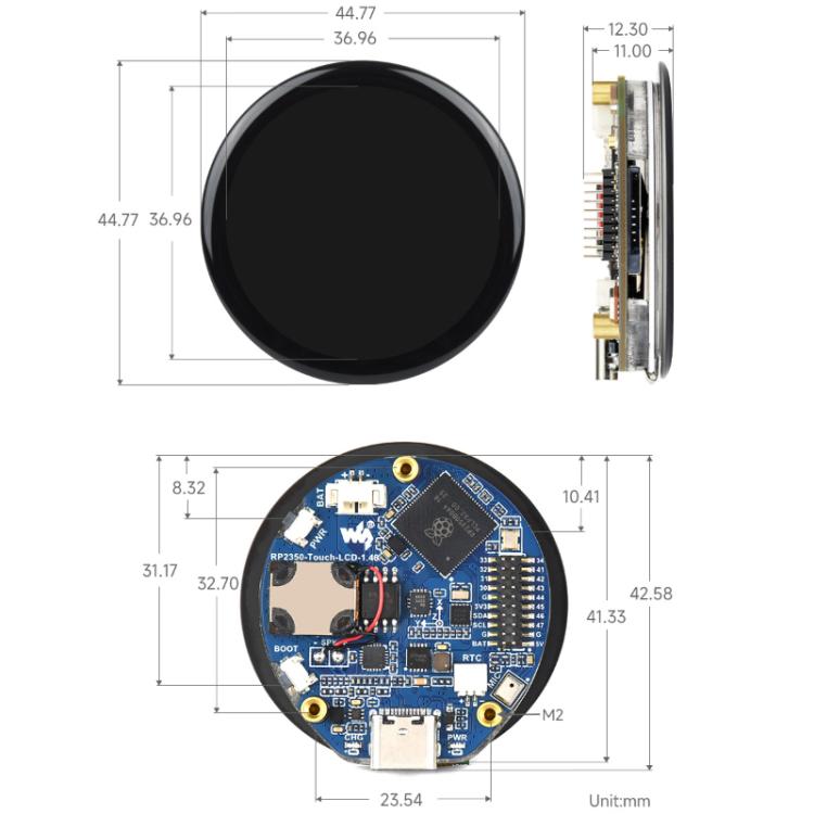 WAVESHARE RP2350 High-Performance Microcontroller Development Board Features 1.46-Inch Round Touchscreen Display - With Cover Glass