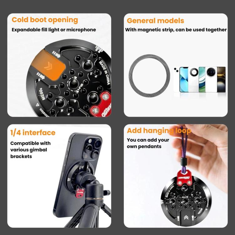 OGLemon ME60S Magnetic Phone Mount Base Cold Shoe Tripod Aluminum Alloy Photography Selfie Stick 1/4 inch Arca-Style Mounting Base Suction Cup