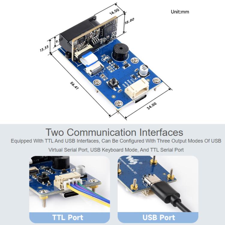 WAVESHARE Barcode QR Code Scanning Module Type E Metal Casing DPM Code Reading Onboard USB UART Dual Interfaces - 32387