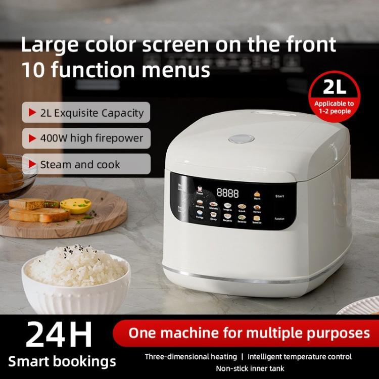 400W 2L Electric Rice Cooker with Color Screen 10 Preset Menus, 24H Smart Booking for 1-2 People US Plug 110V - White
