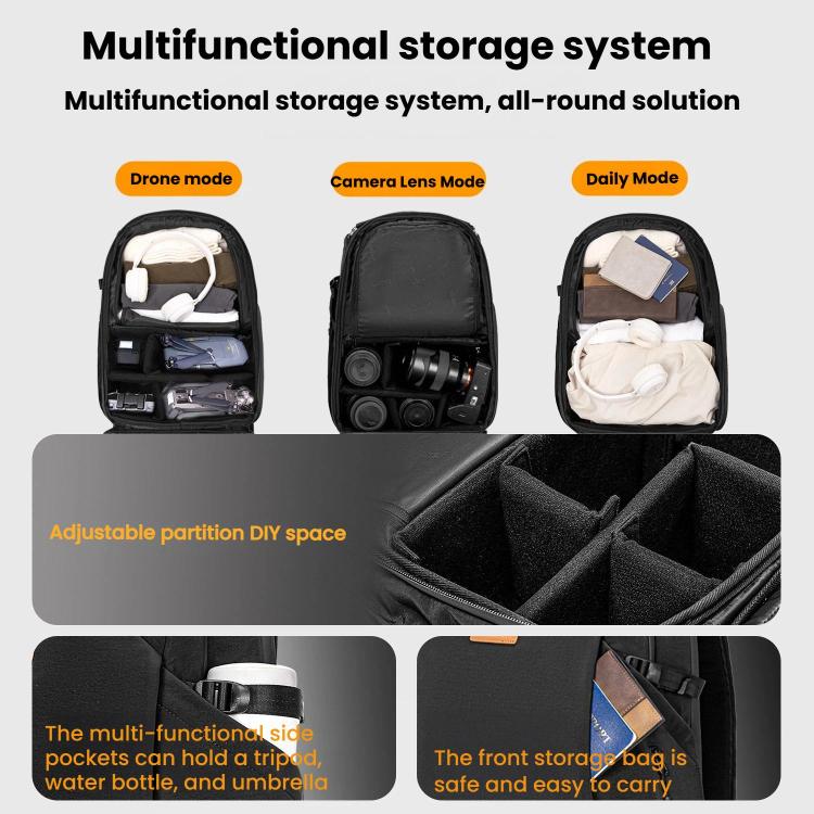 Cwatcun D248 Medium Camera Bag Waterproof High Capacity DSLR Digital Camera Backpack - Black