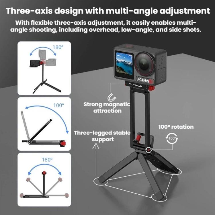 For DJI Osmo Action 3 / 4 / 5 Pro Magnetic Quick-Release Tripod Bracket with Carabiner Clip - Black