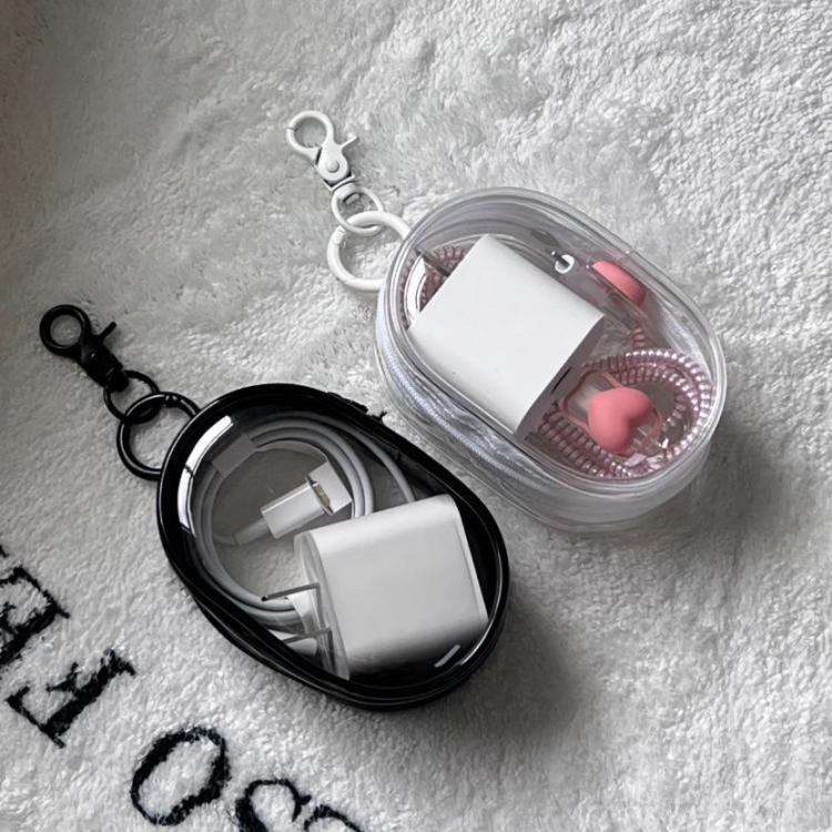 2pcs Data Cable Charger Transparent Storage Pouch Portable Earphone Storage Case With Keychain - White+Black