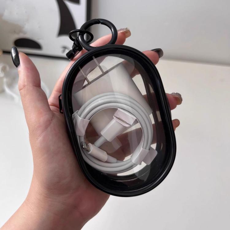 2pcs Data Cable Charger Transparent Storage Pouch Portable Earphone Storage Case With Keychain - White+Black