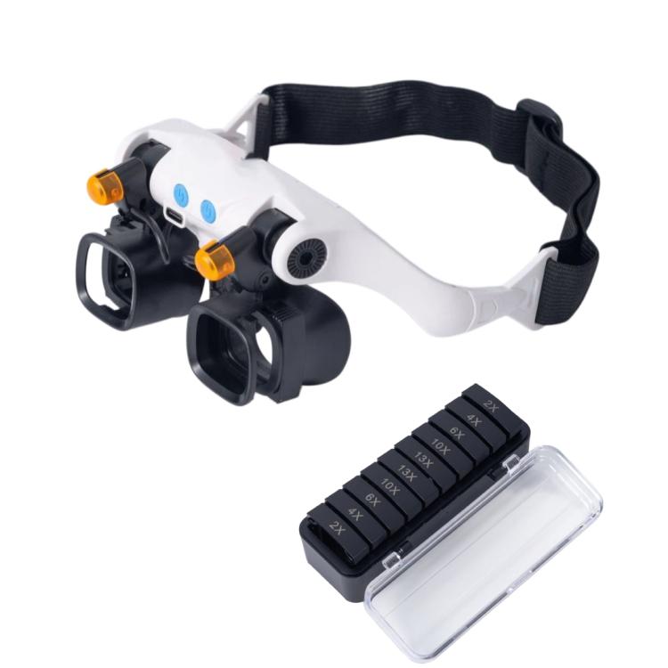 USB Rechargeable Headband Magnifier With 5 Interchangeable Lens Pairs 2X 4X 6X 10X 13X And Dual LED Lights - RJS223-21SXC