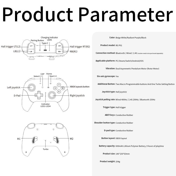 ANBERNIC RGP01 Multi-Platform Gaming Controller for PC/Switch/Steam With Hall Effect Joystick & Triggers, 3-Mode Connectivity, RGB With Receiver Black