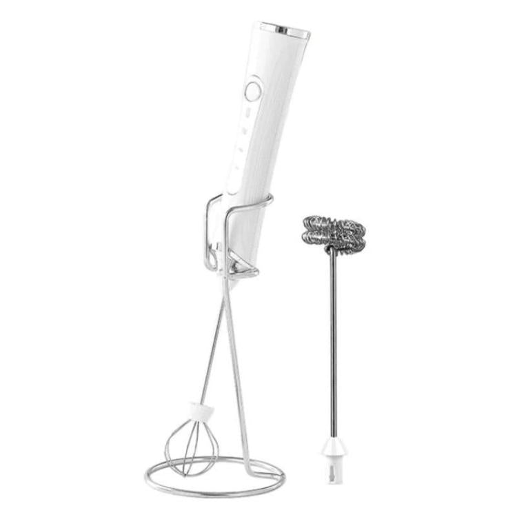 Household Handheld Mini Electric Milk Frother 3-Speed Rechargeable Egg Whisk, Spec: Dual-Head With Bracket White