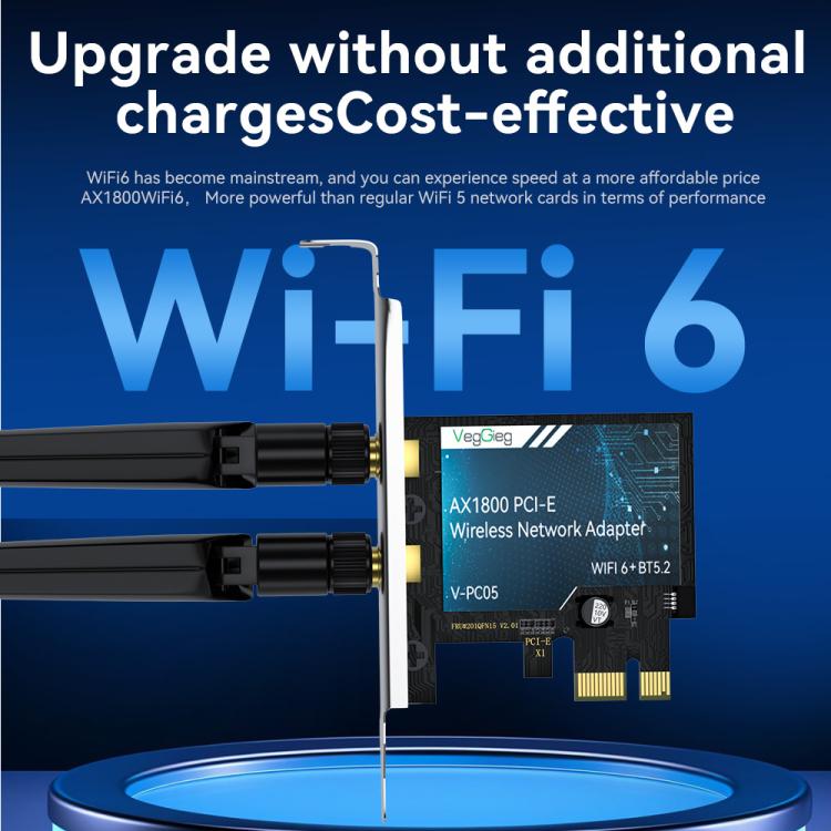 VegGieg 2 In 1 Desktop Gigabit PCIe Wireless Network Adapter - AX1800 PCI-E to WIFI 6 + Bluetooth 5.2/5dB