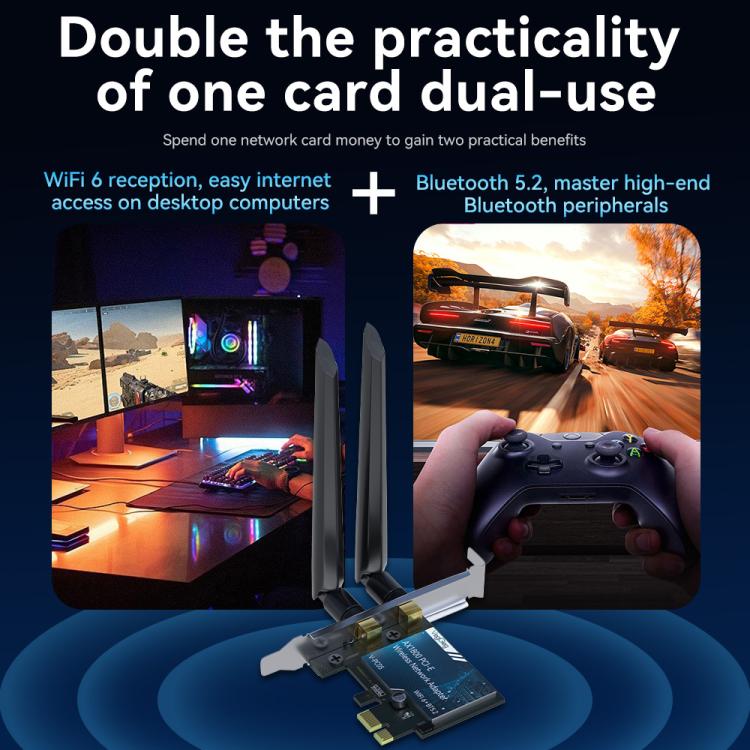 VegGieg 2 In 1 Desktop Gigabit PCIe Wireless Network Adapter - AX1800 PCI-E to WIFI 6 + Bluetooth 5.2/5dB