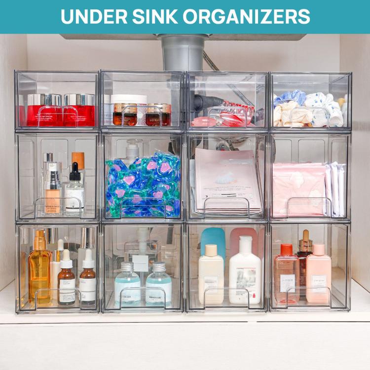4pcs Tall Openwork Desktop Storage Box Drawer-Style Stackable Transparent Plastic Cosmetic Organizer
