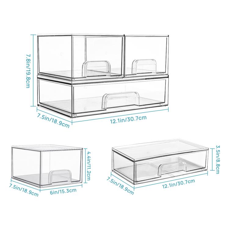 Wide+2 Small Transparent Plastic Cosmetic Storage Boxes Stackable Desktop Organizers