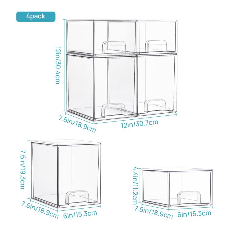 2 Tall+2 Small Transparent Plastic Cosmetic Storage Boxes Stackable Desktop Organizers