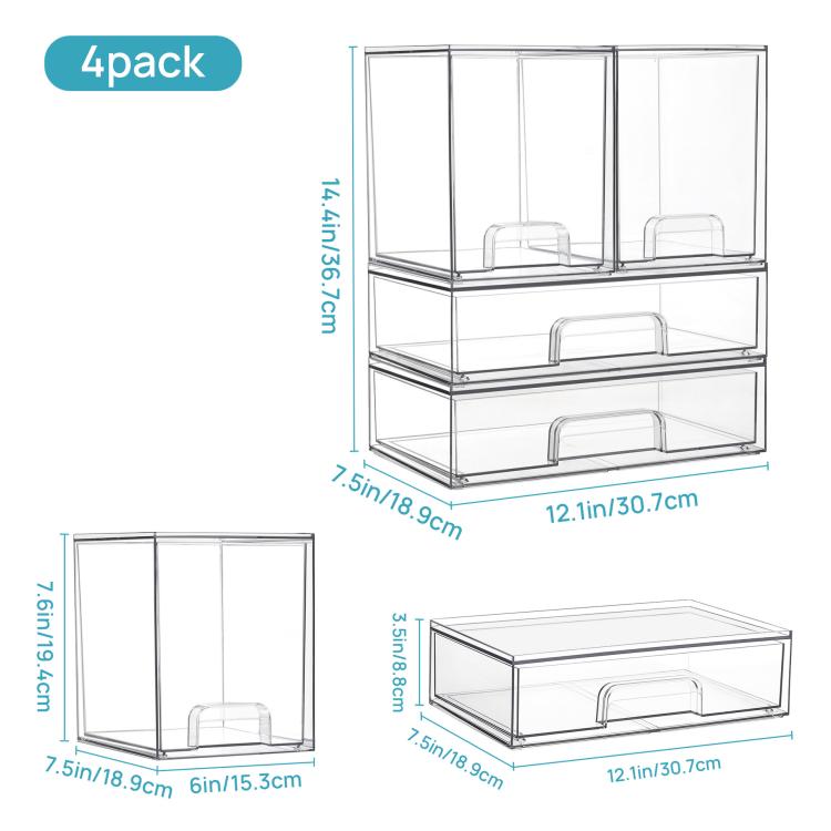 2 Wide+2 Tall Transparent Plastic Cosmetic Storage Boxes Stackable Desktop Organizers