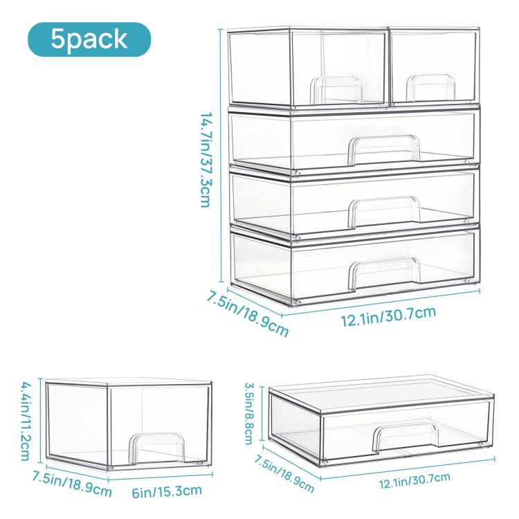 3 Wide+2 Small Transparent Plastic Cosmetic Storage Boxes Stackable Desktop Organizers