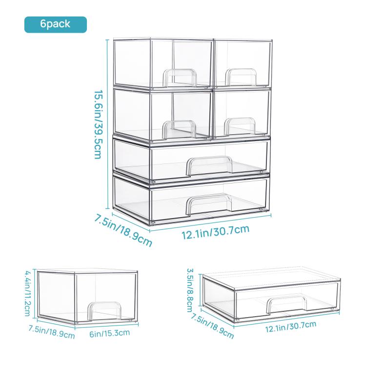 2 Wide+4 Small Transparent Plastic Cosmetic Storage Boxes Stackable Desktop Organizers