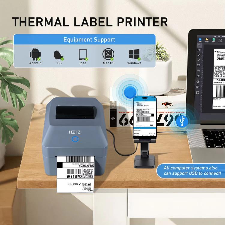 HZTZ T40 USB+Bluetooth 4-Inch Thermal Label Printer for Shipping, Barcode & Packaging Labels 25-100mm Print Width, EU Plug