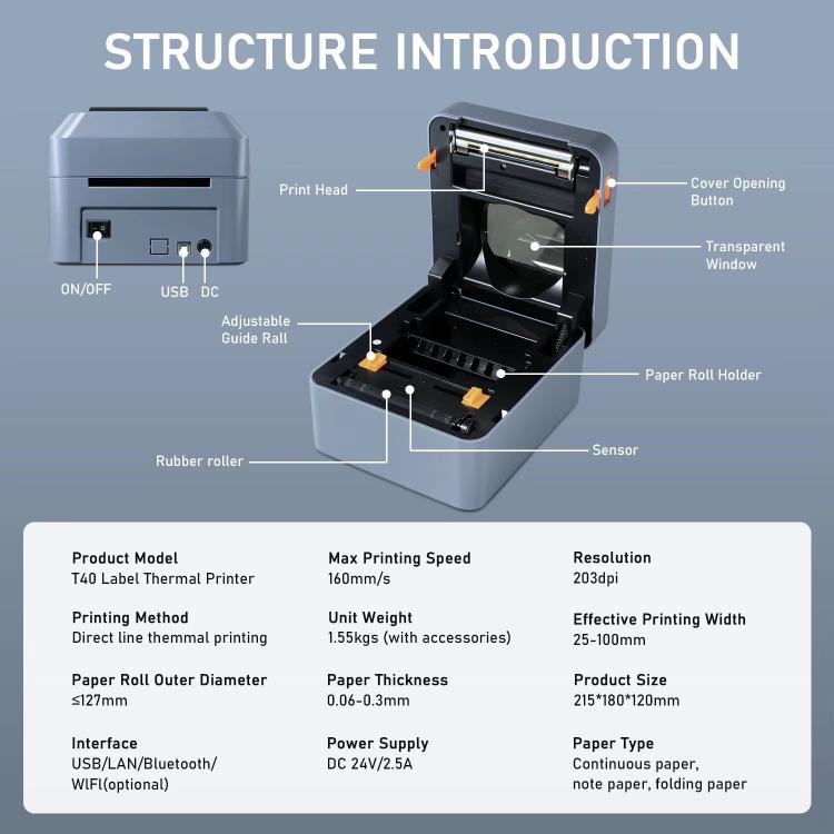 HZTZ T40 USB 4-Inch Thermal Label Printer for Shipping, Barcode & Packaging Labels 25-100mm Print Width, EU Plug