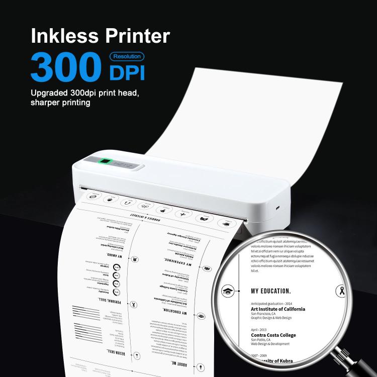 HZTZ A4RJ PRO 300dpi Wireless Rechargeable Thermal Printer Supports 2-inch to 8.5-inch Paper for PDF, Files, Images, and Tattoo Paper White