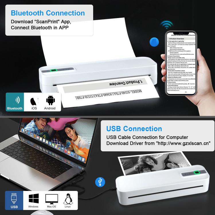 HZTZ A4RJ 200dpi Wireless Rechargeable Thermal Printer Supports 2-inch to 8.5-inch Paper for PDF, Files, Images, and Tattoo Paper White