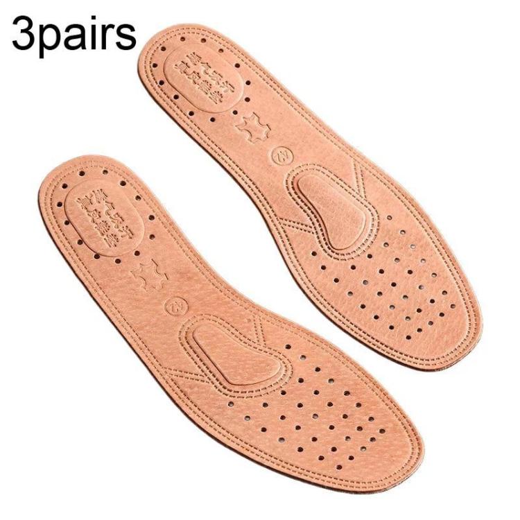 3pairs Sweat-wicking Breathable Shock-absorbing Thickened Leather Insoles, Size: 36 - Light Brown