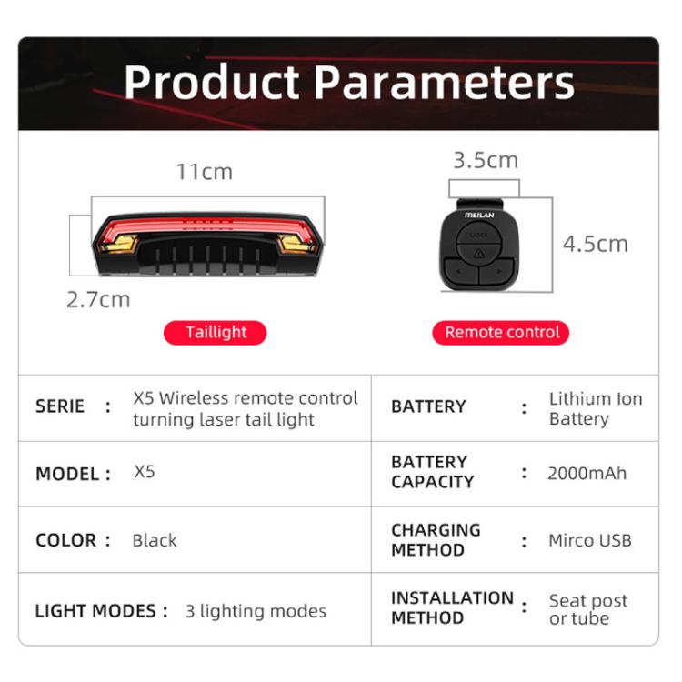 MEILAN X5 Smart Remote-Controlled Cycling Laser Tail Light Bicycle Turn Signal LED Warning Light