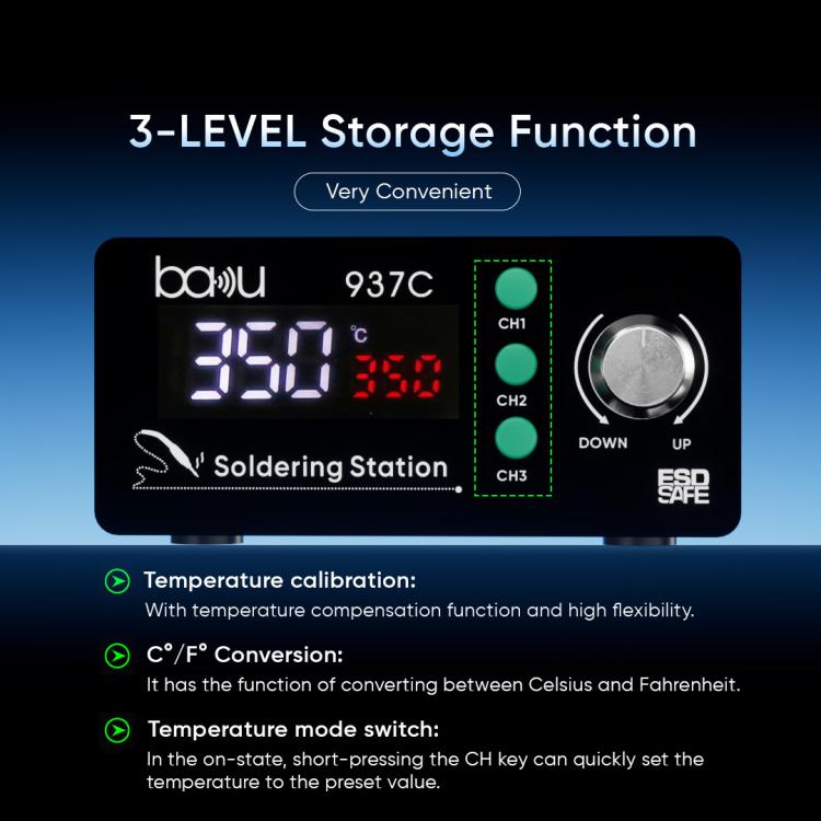 BAKU BA-937C 120W LCD Soldering Station, 3 Temp Preset Channels Thermostatic Electric Soldering Iron Kit 110V US Plug
