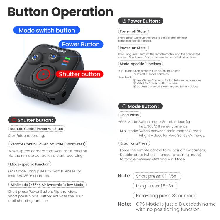 aMagisn Bluetooth Remote Controller 3.0 Universal Version For Insta360, GoPro Hero, Android/ios Smartphones, DJI OSMO 360, Action 6/5 Pro/4