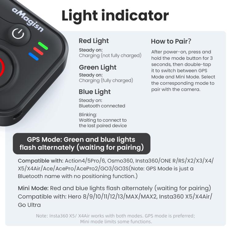 aMagisn Bluetooth Remote Controller 3.0 Universal Version For Insta360, GoPro Hero, Android/ios Smartphones, DJI OSMO 360, Action 6/5 Pro/4