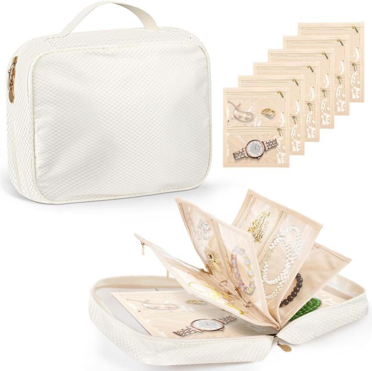 Jewelry Carry Case with 5 Clear Zipper Pages Ring Earring Necklace Organizer - Beige