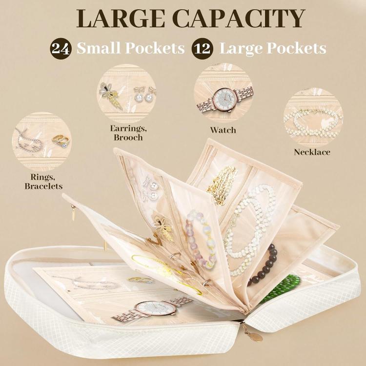 Jewelry Carry Case with 5 Clear Zipper Pages Ring Earring Necklace Organizer - Beige