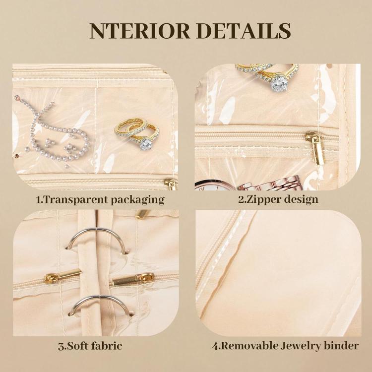 Jewelry Carry Case with 5 Clear Zipper Pages Ring Earring Necklace Organizer - Beige