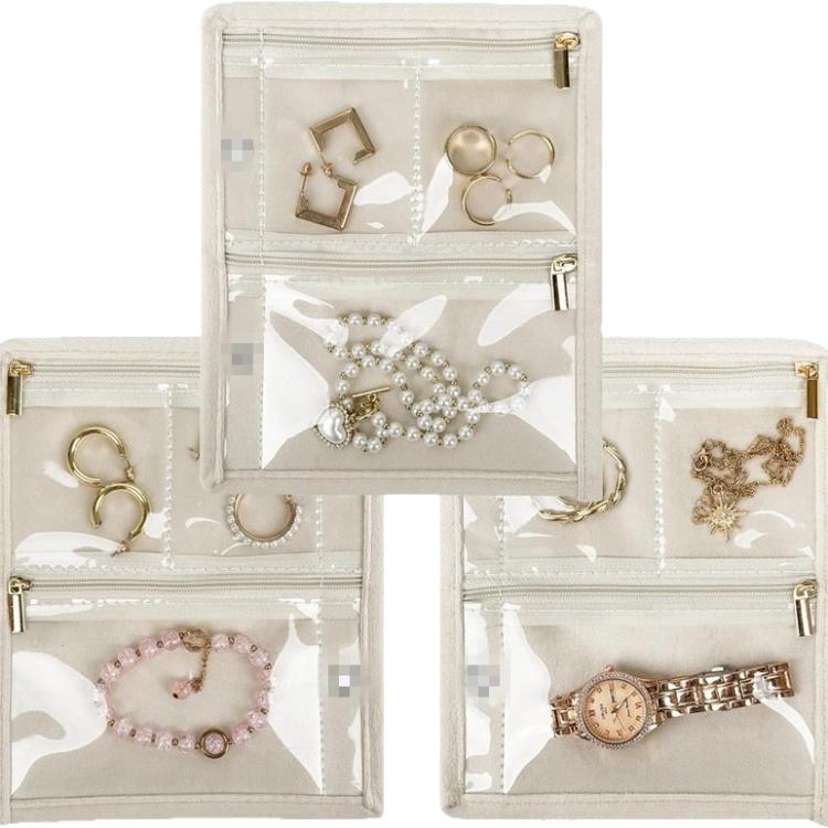 Jewelry Carry Case with 5 Clear Zipper Pages Ring Earring Necklace Organizer - Beige