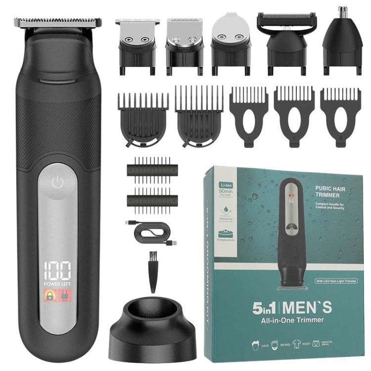 YJ-102 5 In 1 Multifunctional Men Hair Trimmer With Light IPX6 Waterproof For Hair & Nose Trimming - Black